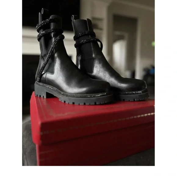 Rene Caovilla Black Leather Ankle Boots with crystal snake detail